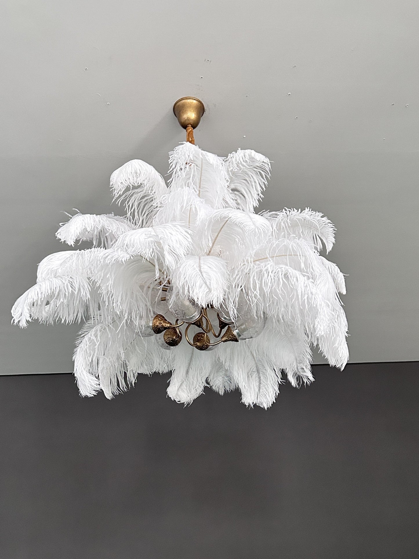 Elegant Ostrich Feather Brass Living Room Chandelier Pure Copper Ceiling Lighting Fixture For Women's Bedroom