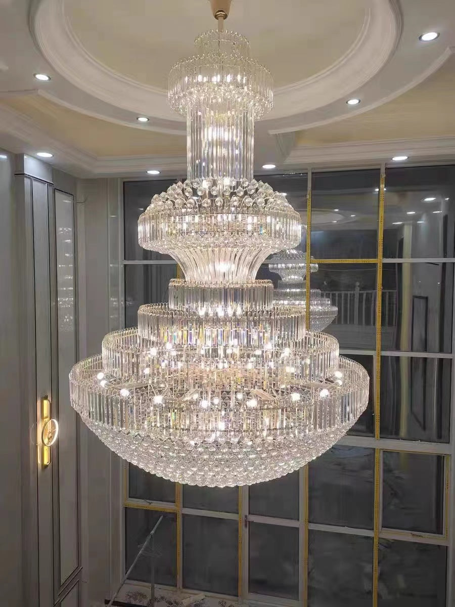 Golden Era Grand Cascade Clear Crystal Chandelier for High-ceiling