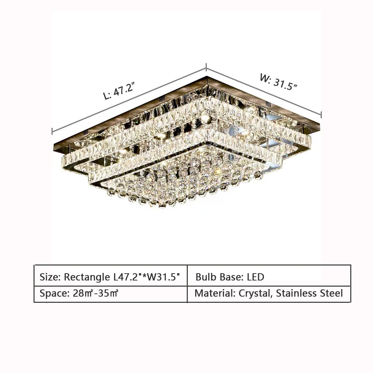 Extra Large Two Layers Rectangle Crystal Flush Mount Chandelier for Living Room/Bedroom