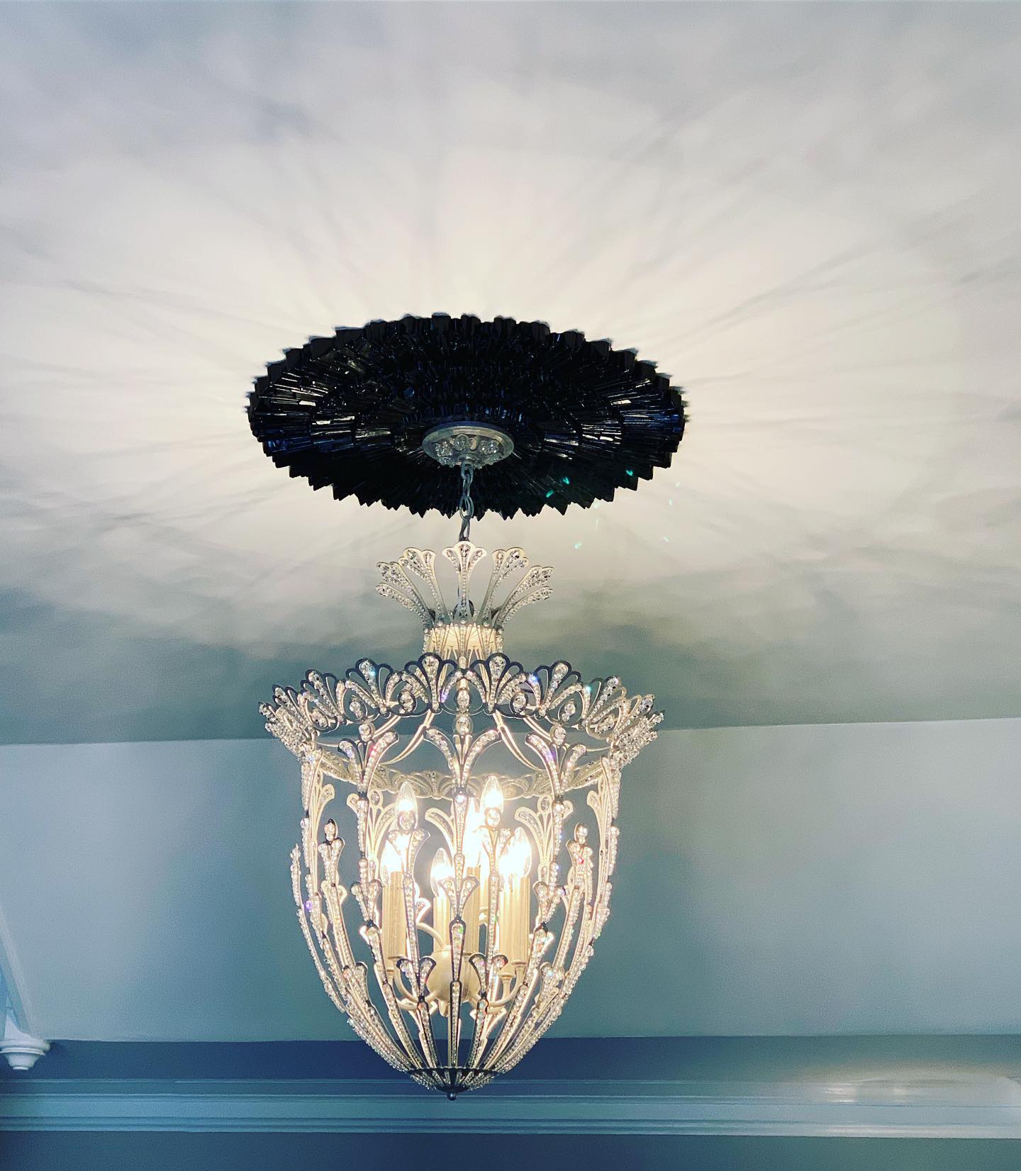 French Gold Hollow Carved Crystal Pendant Light Fixtures for Entryway