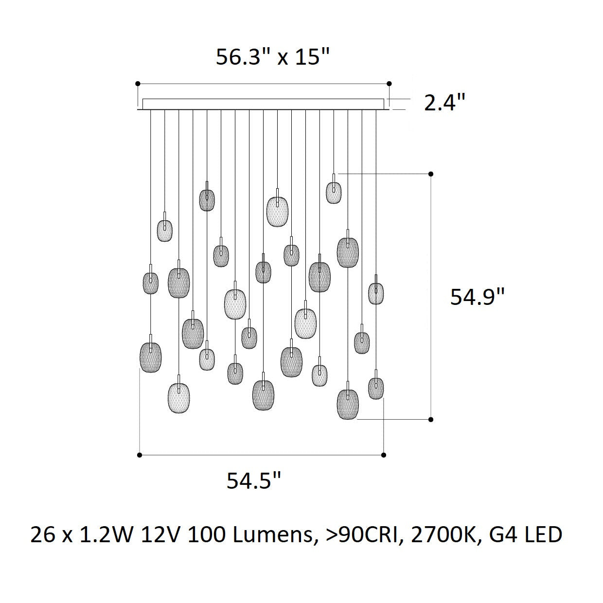 Feneiver Rectangle LED Chandelier Hand-cutted Mouth-blown Crystal & Metal 54.5"W