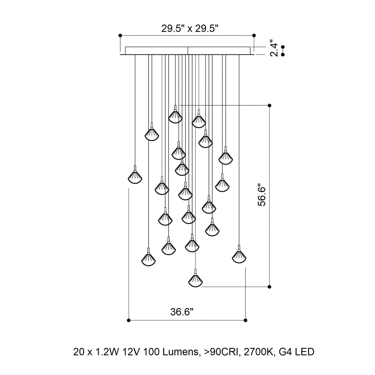 Helevra Dust Square LED Chandelier Lead-free Crystal & Metal 36.6"W x 36.6"D