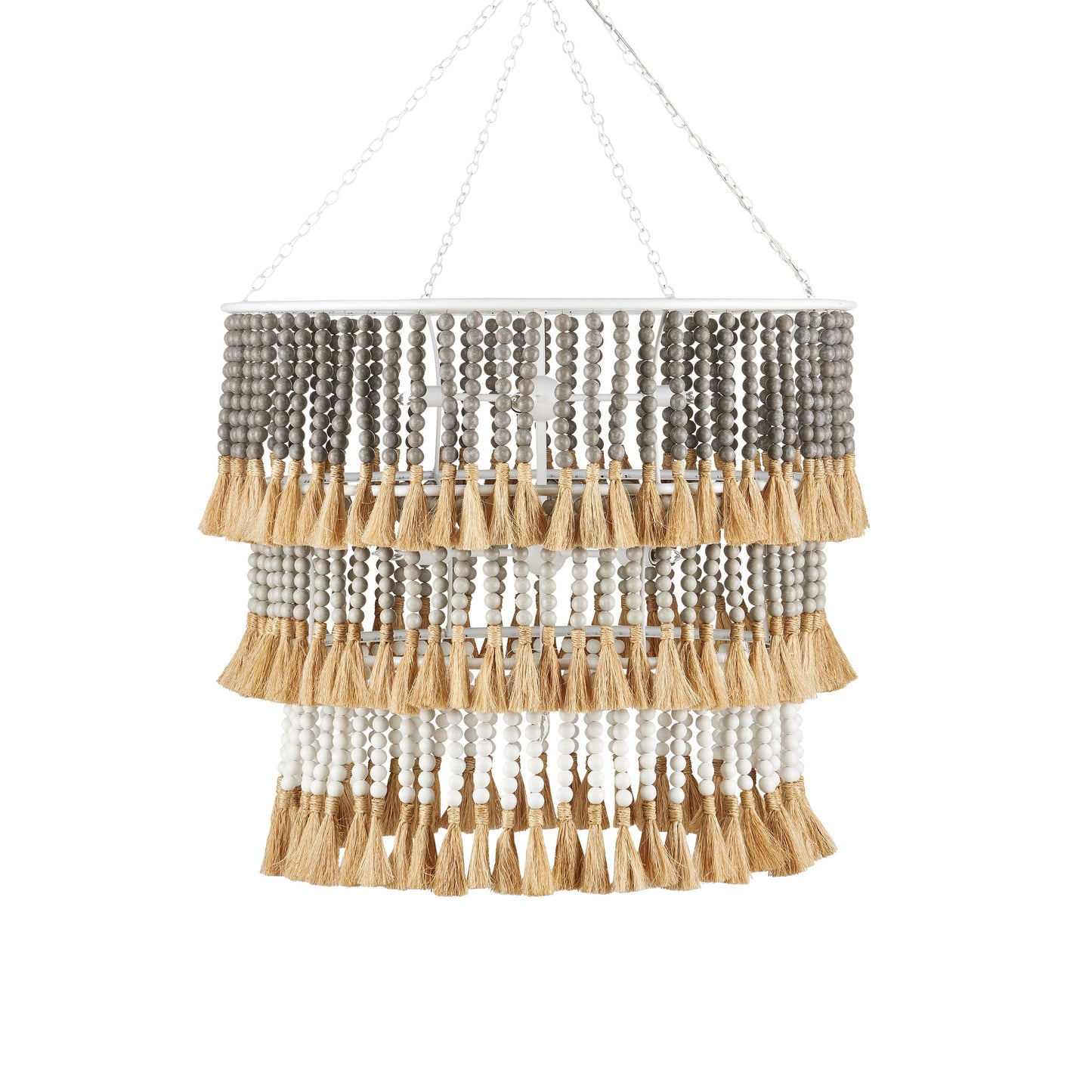 Lunionus Barts Chandelier Wrought Iron & Wood Beads & Abaca Rope 33"D