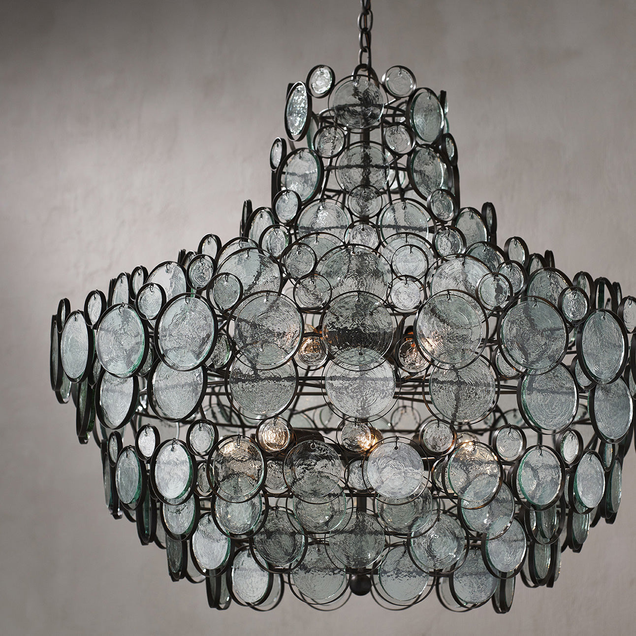 Beleimond Chandelier Wrought Iron & Recycled Glass Disc 43"D