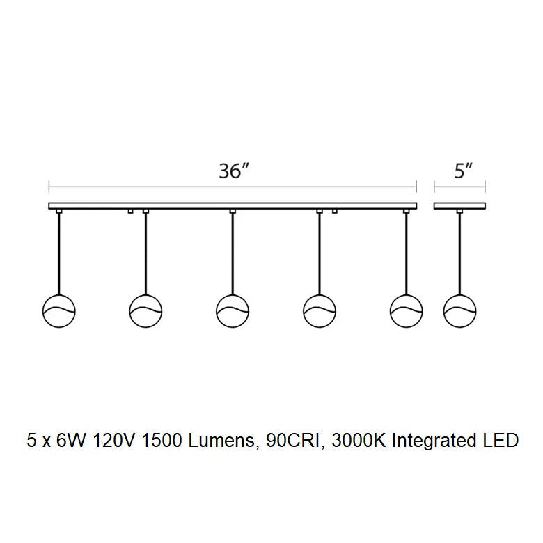 Lunumond Five Light Pendant Light Metal & Glass Lens 37.75"W x 3.75"D