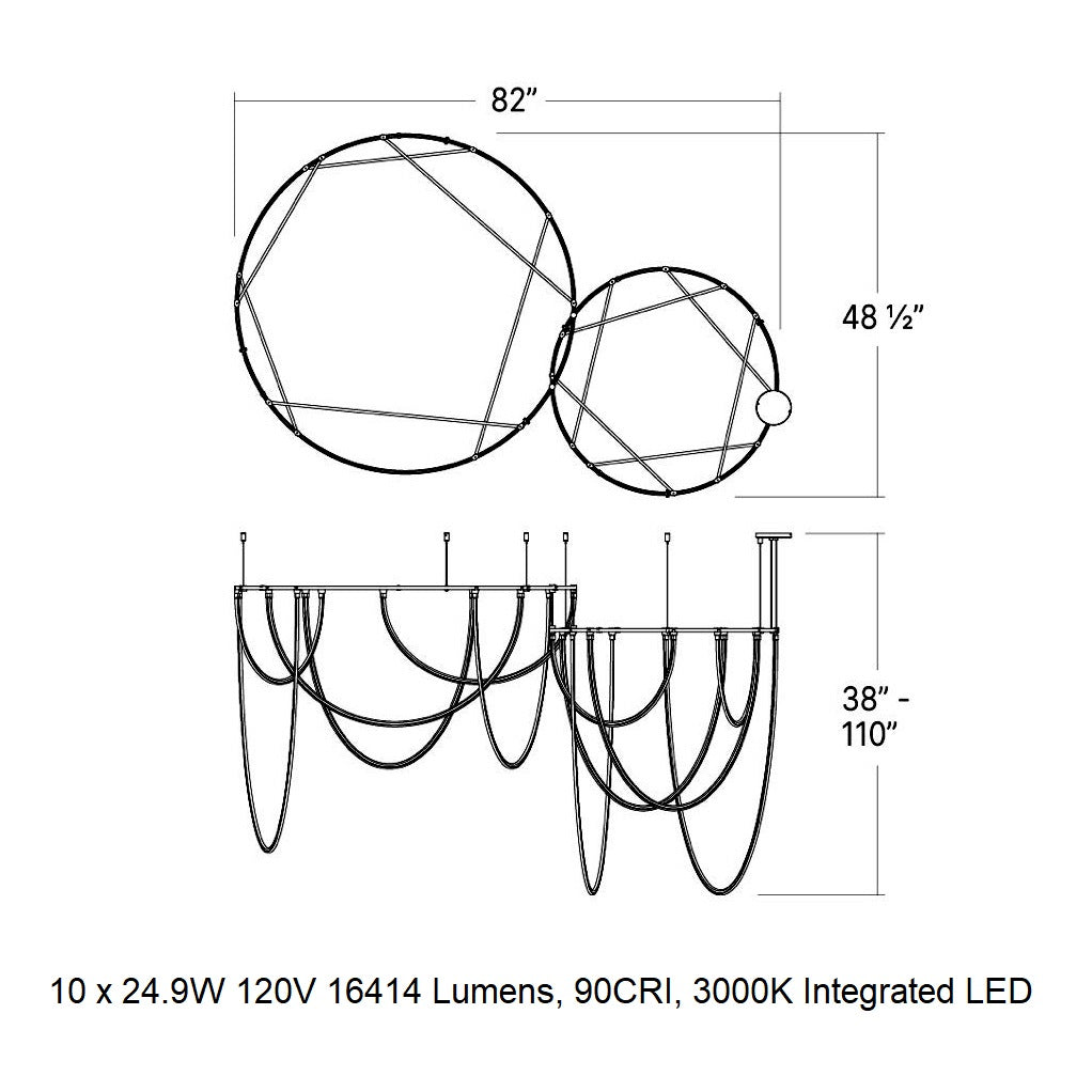 Lunalen 2-Bar Offset Ring Multi Light Pendant Light Metal & Etched Glass & Aluminum 82"W x 48.5"D