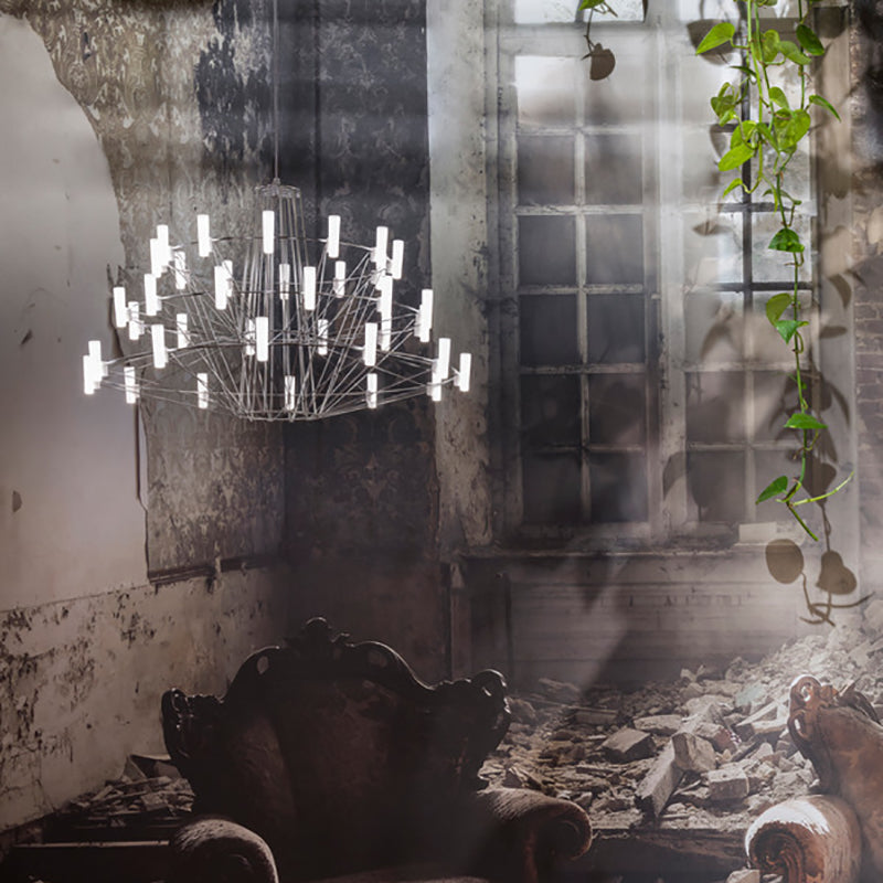 Oreilume Chandelier Electrolytic Polished Stainless Steel Frame. Poly Carbonate Shades & Suspension Bracket 26.7"D