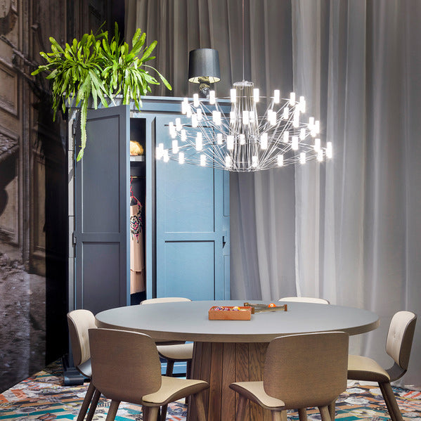 Oreilume Chandelier Electrolytic Polished Stainless Steel Frame. Poly Carbonate Shades & Suspension Bracket 26.7"D