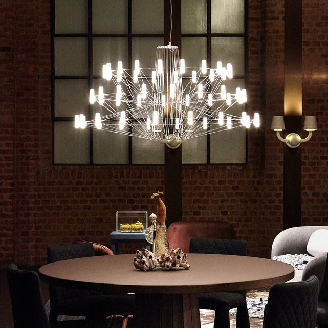 Oreilume Chandelier Electrolytic Polished Stainless Steel Frame. Poly Carbonate Shades & Suspension Bracket 26.7"D