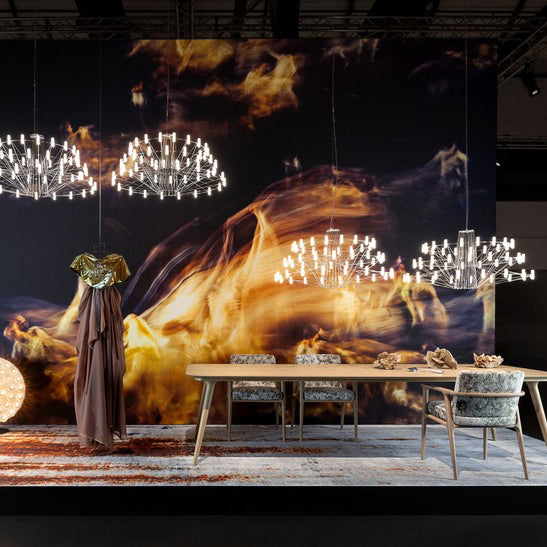 Oreilume Chandelier Electrolytic Polished Stainless Steel Frame. Poly Carbonate Shades & Suspension Bracket 26.7"D