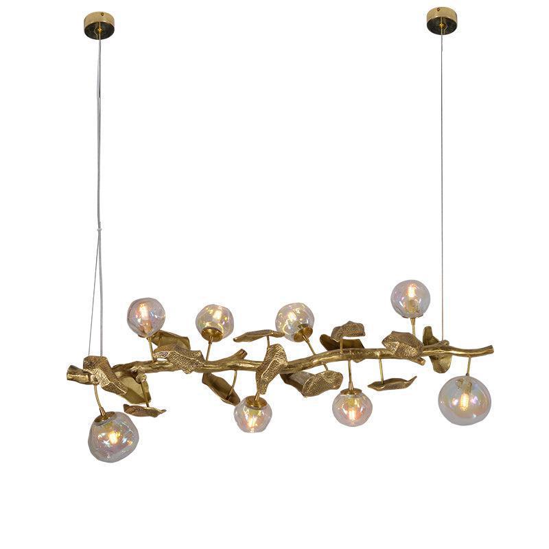 Long Organic Glass Bubble Brass Leaves Branch Chandelier 59" L - Richardrider