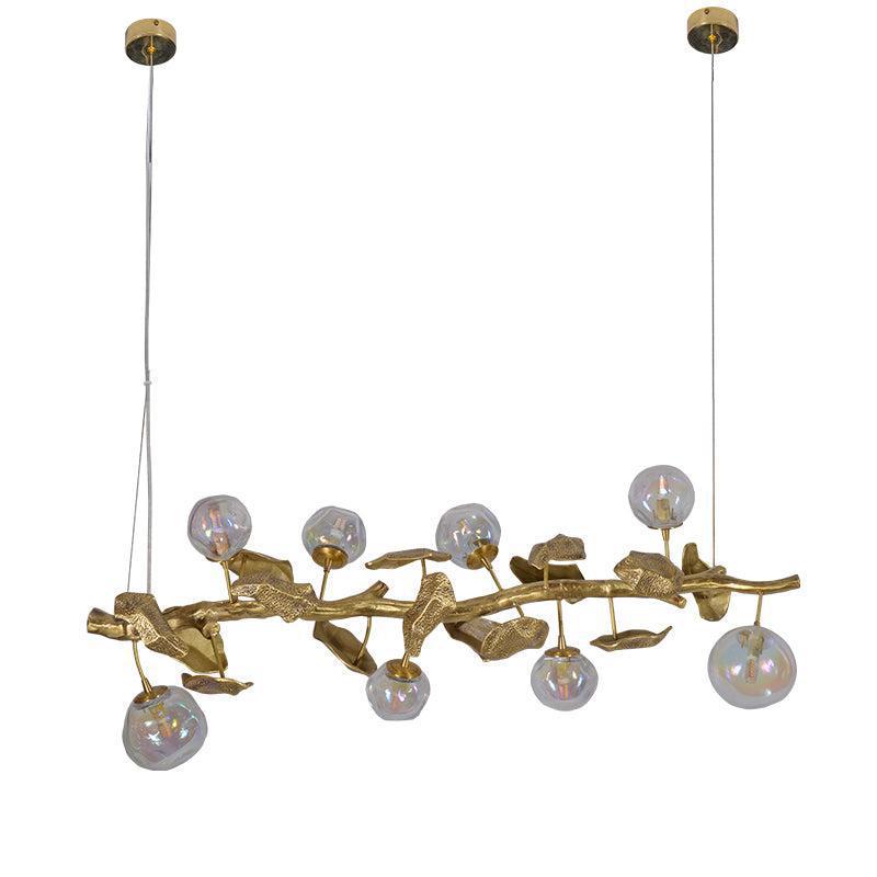 Long Organic Glass Bubble Brass Leaves Branch Chandelier 59" L - Richardrider
