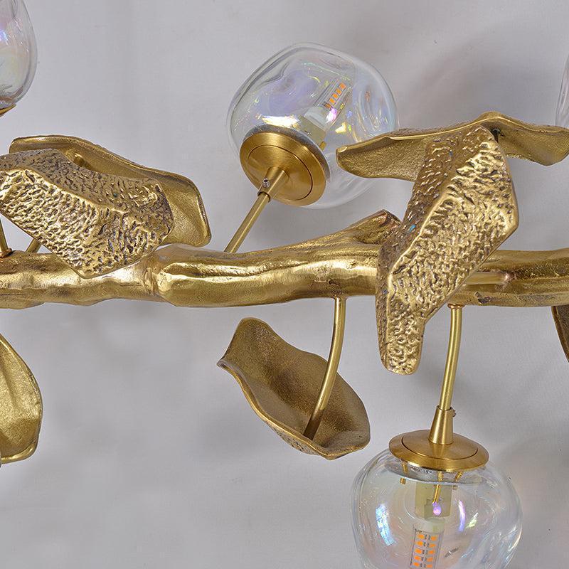 Long Organic Glass Bubble Brass Leaves Branch Chandelier 59" L - Richardrider