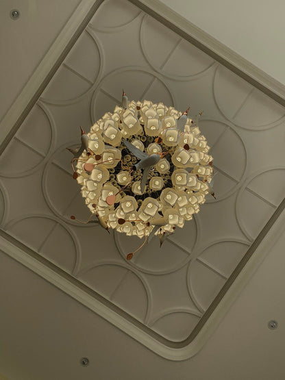 Modern Elegant Floating Glass Flower Chandelier with Ceramic Hummingbird Accents