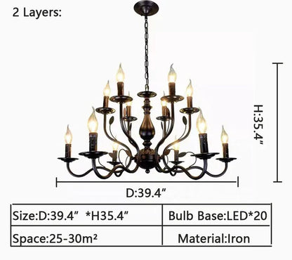 Multi Layer Iron Chandelier with Electronic Candles in Vintage Country Style for Living Room Cafe and Study - Richardrider
