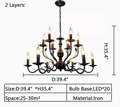 Multi Layer Iron Chandelier with Electronic Candles in Vintage Country Style for Living Room Cafe and Study - Richardrider