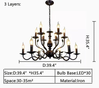 Multi Layer Iron Chandelier with Electronic Candles in Vintage Country Style for Living Room Cafe and Study - Richardrider