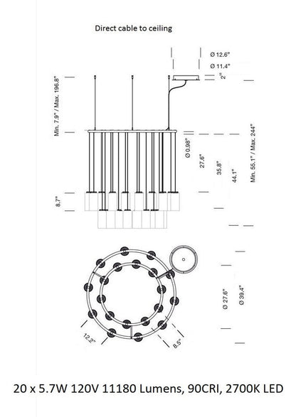 Kaiasera Chandelier Capsule With LED Module & Translucent White Diffuser & Heat Sink With Black Matte Finish 39.4"D