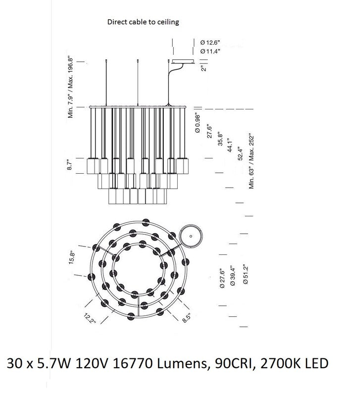 Kaiasera Chandelier Capsule With LED Module & Translucent White Diffuser & Heat Sink With Black Matte Finish 39.4"D
