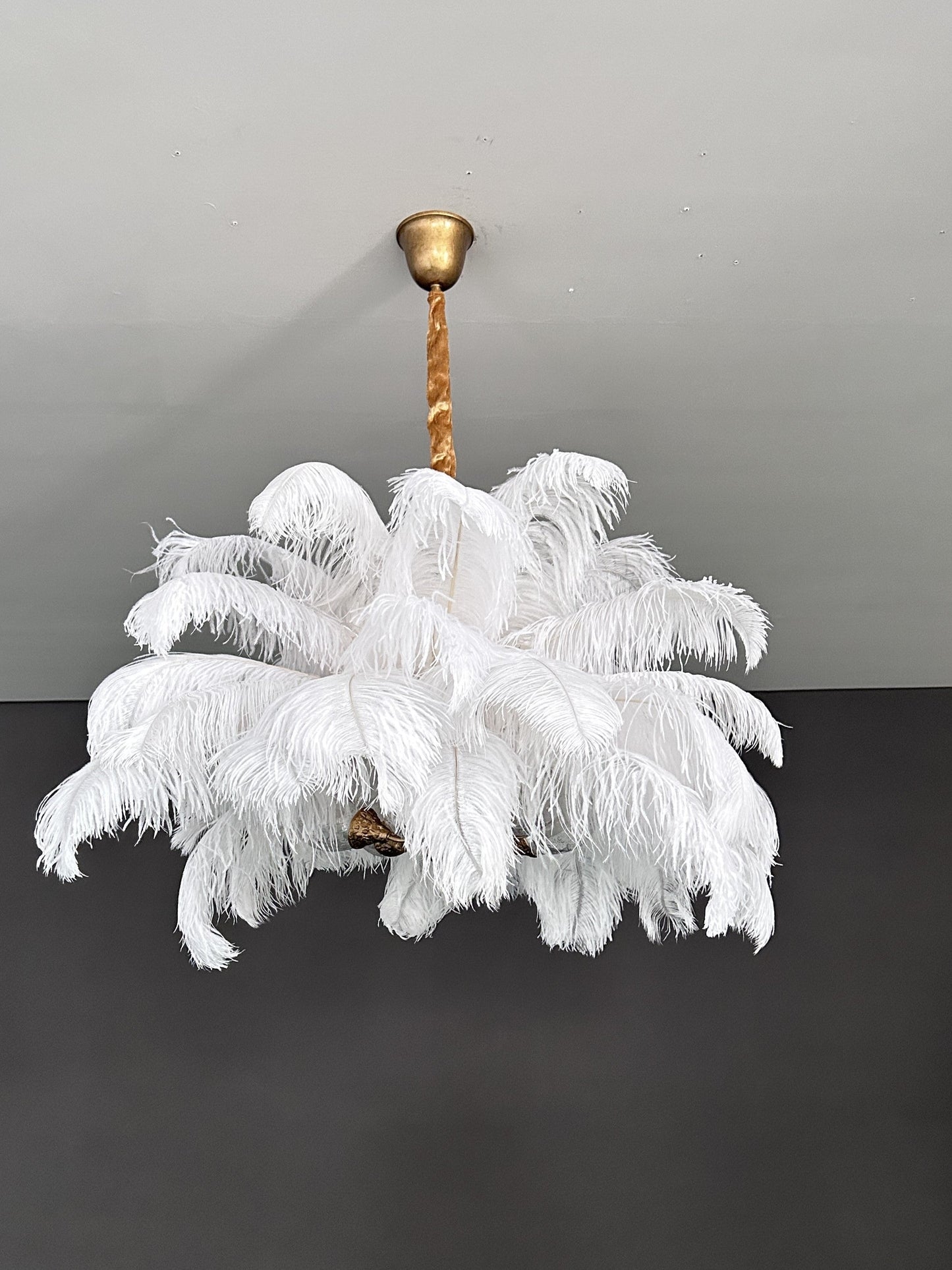 Elegant Ostrich Feather Brass Living Room Chandelier Pure Copper Ceiling Lighting Fixture For Women's Bedroom