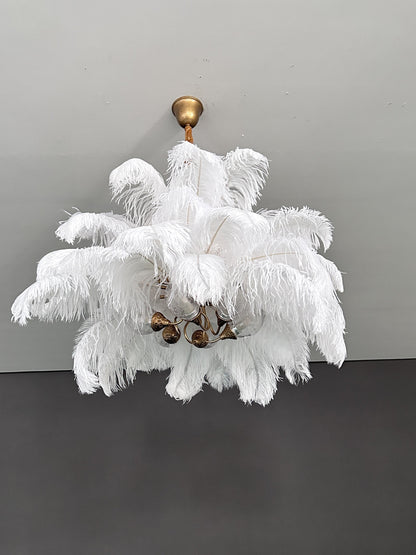 Elegant Ostrich Feather Brass Living Room Chandelier Pure Copper Ceiling Lighting Fixture For Women's Bedroom