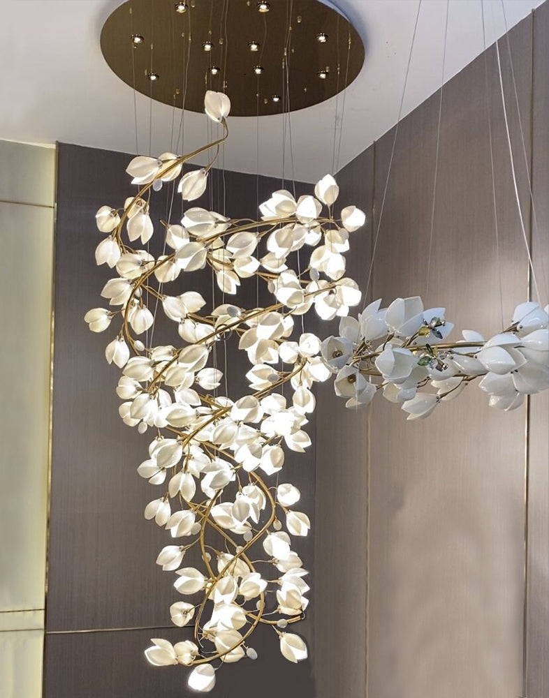 Spiral Pure White Magnolia Chandelier with Golden Branches for Staircase/High-ceiling Space/Foyer/ Duplex - Richardrider