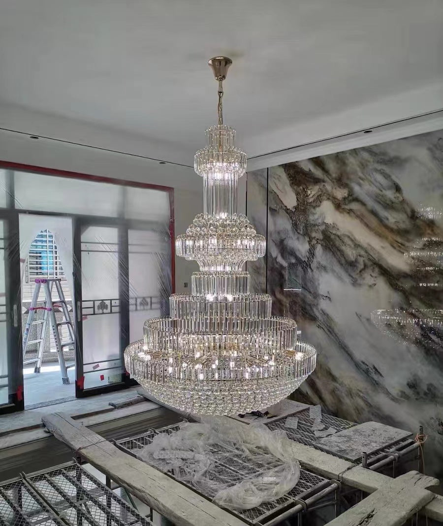 Golden Era Grand Cascade Clear Crystal Chandelier for High-ceiling
