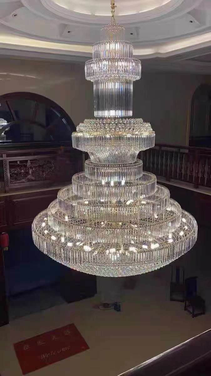 Golden Era Grand Cascade Clear Crystal Chandelier for High-ceiling