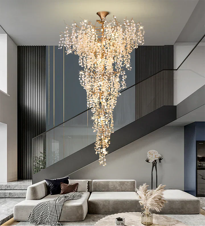 Modern Unique Artistic Flower Brass Branch Semi-flush Mount Chandelier for Living Room/ Hallway/ Entryway/ Staircase - Richardrider