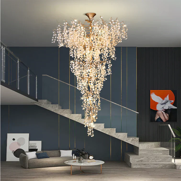 Modern Unique Artistic Flower Brass Branch Semi-flush Mount Chandelier for Living Room/ Hallway/ Entryway/ Staircase - Richardrider