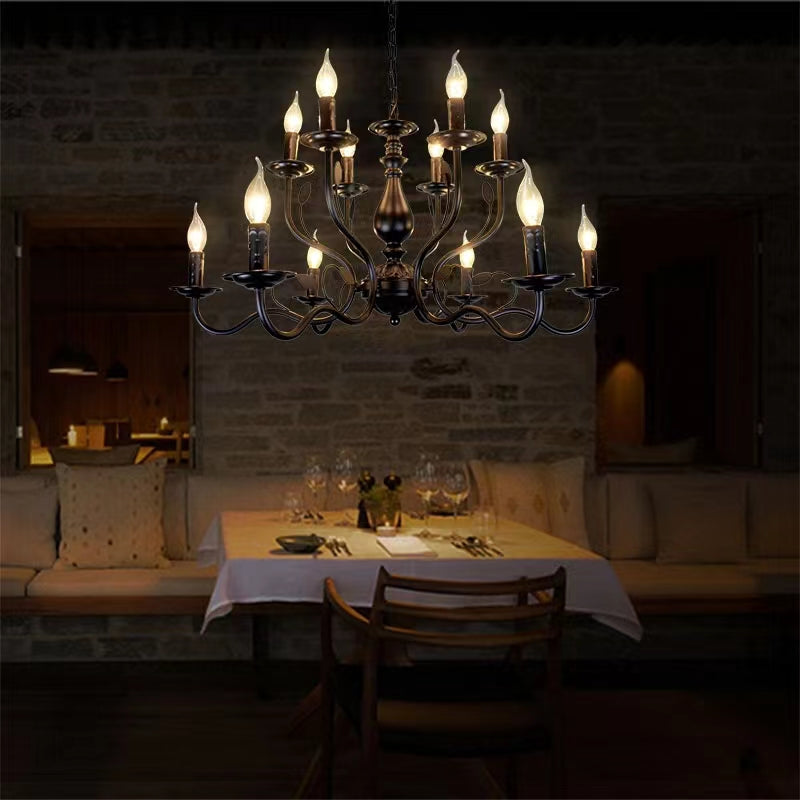 Multi Layer Iron Chandelier with Electronic Candles in Vintage Country Style for Living Room Cafe and Study - Richardrider