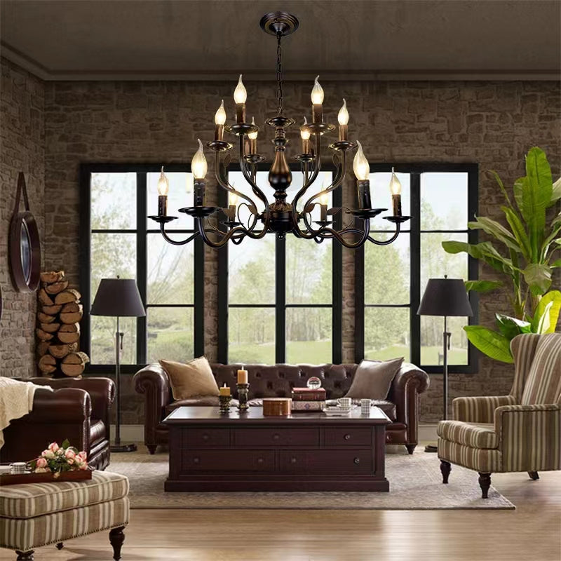 Multi Layer Iron Chandelier with Electronic Candles in Vintage Country Style for Living Room Cafe and Study - Richardrider