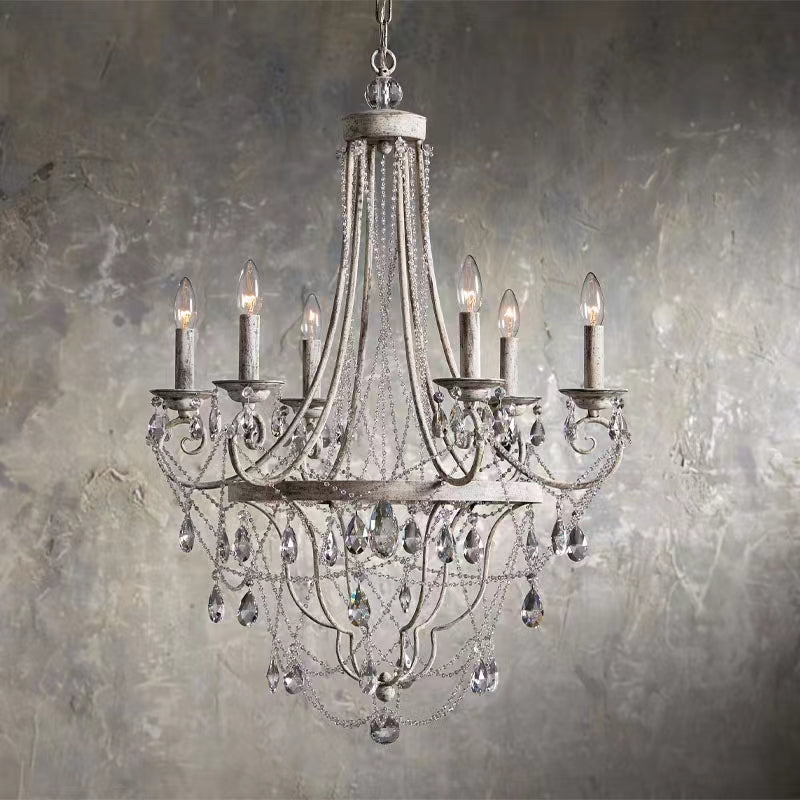 Affordable French Vintage Iron Crystal Pendant Candle Chandelier for Living Room / Restaurant / Cafe / Hotel lobby