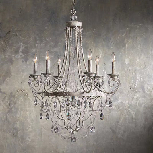 Affordable French Vintage Iron Crystal Pendant Candle Chandelier for Living Room / Restaurant / Cafe / Hotel lobby