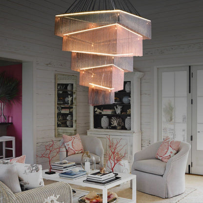 Extra Large Art Multi-tier Aluminum Chain Tassel Chandelier for High-Ceiling Room