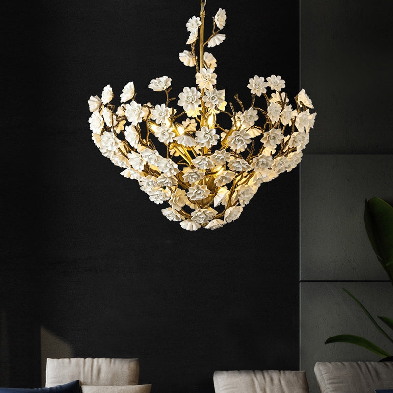 Post-Modern Light Luxury Brass and Ceramics Flower Art Chandelier for Living/Dining Room/Bedside/Hallway
