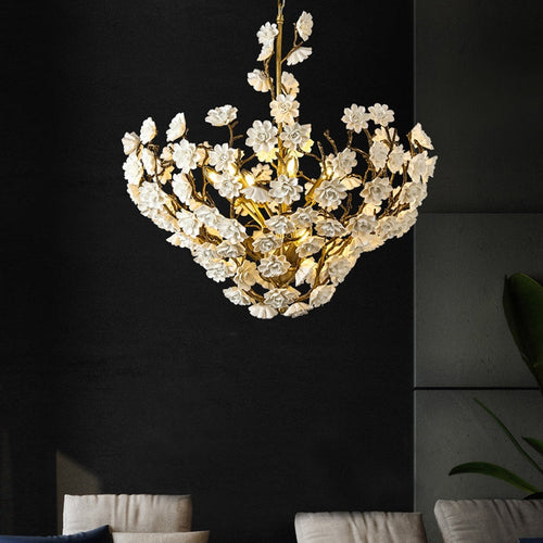 Post-Modern Light Luxury Brass and Ceramics Flower Art Chandelier for Living/Dining Room/Bedside/Hallway