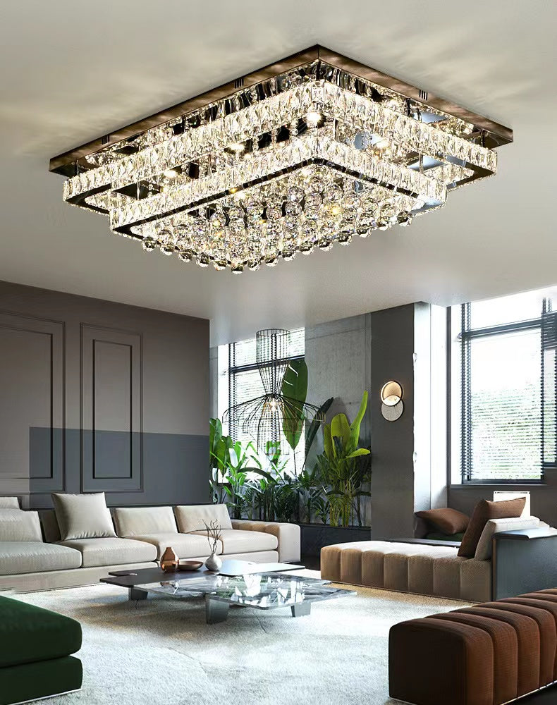 Extra Large Two Layers Rectangle Crystal Flush Mount Chandelier for Living Room/Bedroom