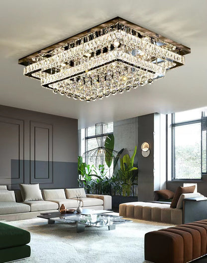 Extra Large Two Layers Rectangle Crystal Flush Mount Chandelier for Living Room/Bedroom