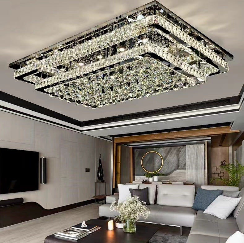 Extra Large Two Layers Rectangle Crystal Flush Mount Chandelier for Living Room/Bedroom