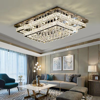 Extra Large Two Layers Rectangle Crystal Flush Mount Chandelier for Living Room/Bedroom