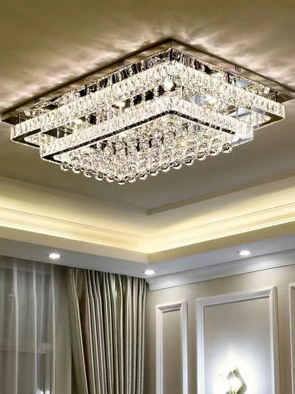 Extra Large Two Layers Rectangle Crystal Flush Mount Chandelier for Living Room/Bedroom