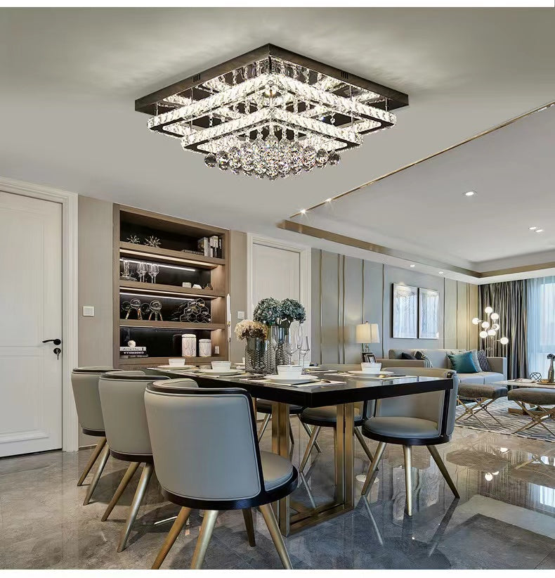 Extra Large Two Layers Rectangle Crystal Flush Mount Chandelier for Living Room/Bedroom