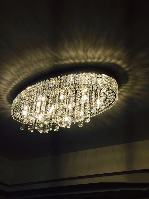 Modern Oversized Flush Mount Oval Crystal Pendant Chandelier for Living Room/Dining Table Light Fixture