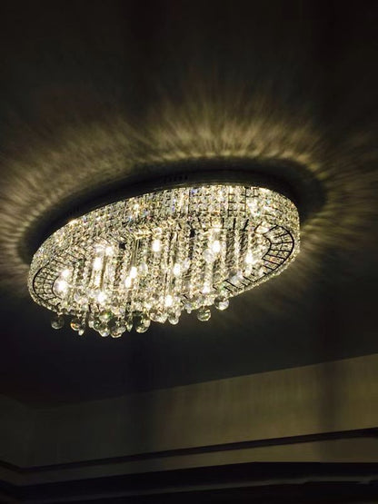 Modern Oversized Flush Mount Oval Crystal Pendant Chandelier for Living Room/Dining Table Light Fixture