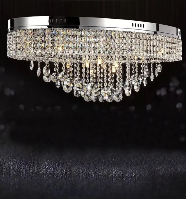 Modern Oversized Flush Mount Oval Crystal Pendant Chandelier for Living Room/Dining Table Light Fixture