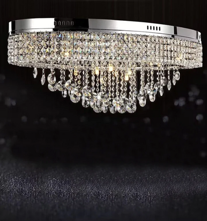 Modern Oversized Flush Mount Oval Crystal Pendant Chandelier for Living Room/Dining Table Light Fixture
