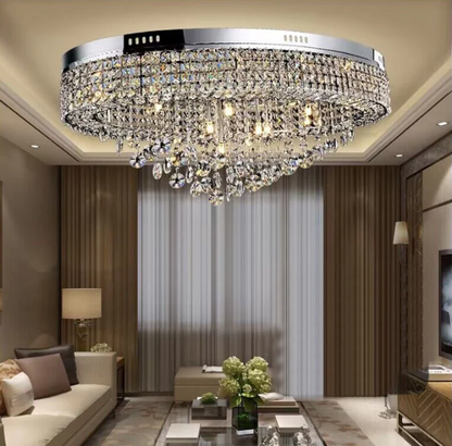 Modern Oversized Flush Mount Oval Crystal Pendant Chandelier for Living Room/Dining Table Light Fixture