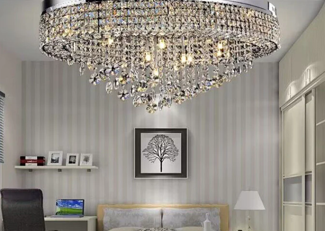 Modern Oversized Flush Mount Oval Crystal Pendant Chandelier for Living Room/Dining Table Light Fixture