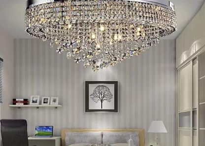 Modern Oversized Flush Mount Oval Crystal Pendant Chandelier for Living Room/Dining Table Light Fixture